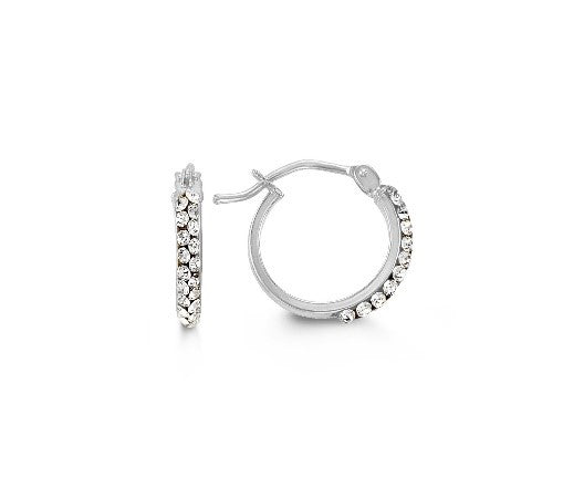 10k white gold hoop earrings adorned with a row of sparkling cubic zirconia, offering sophisticated style and shine.
