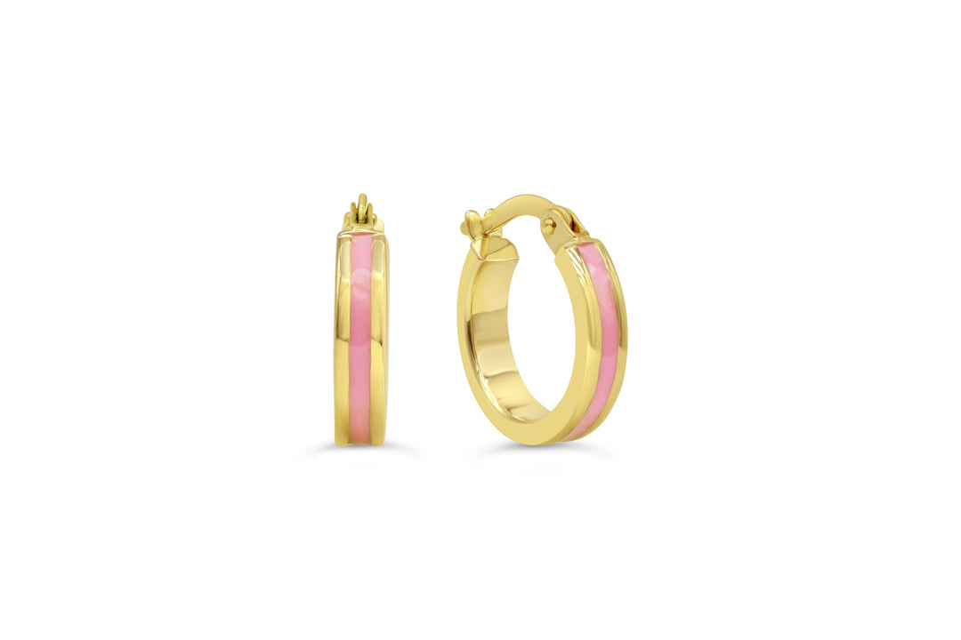 10K yellow gold hoop earrings featuring a chic pink stripe, showcasing a modern twist on classic hoop earrings.