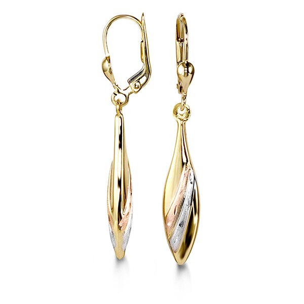 Chic 10k tri-color gold drop earrings featuring a stylish leaf design in yellow, white, and rose gold.