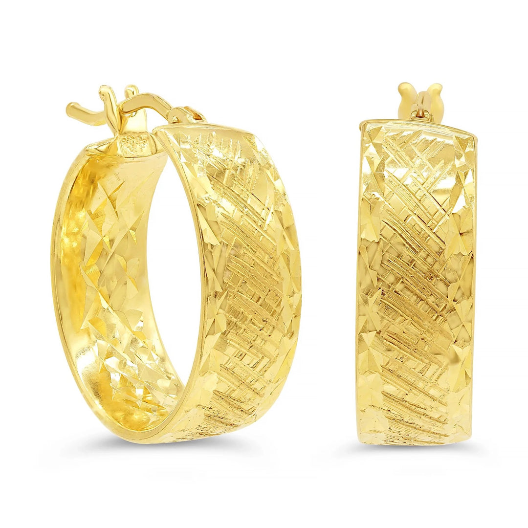 10k yellow gold huggie hoop earrings with a detailed textured design, providing an elegant and stylish appearance.
