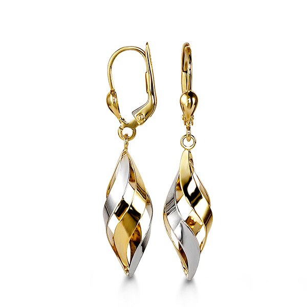 Stylish 10k two-tone gold drop earrings featuring a unique twisted leaf design in yellow and white gold.