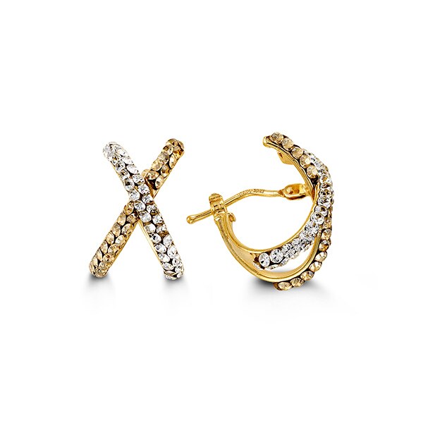 10k two-tone gold hoop earrings featuring cubic zirconia in 'X' and 'O' designs, symbolizing hugs and kisses.