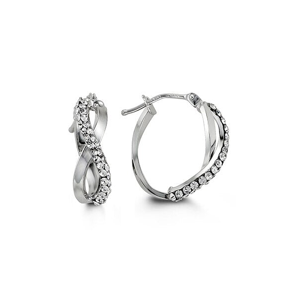 Pair of 10K white gold hoop earrings embellished with cubic zirconia, showcasing an infinity loop design.