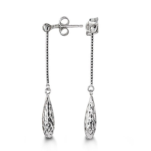 Elegant 10K white gold dangle earrings with a teardrop design, featuring a diamond-cut finish for added sparkle and sophistication.
