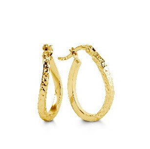 10K gold hoop earrings with a unique diamond-cut texture, offering a luxurious two-tone finish that enhances their sophisticated design.