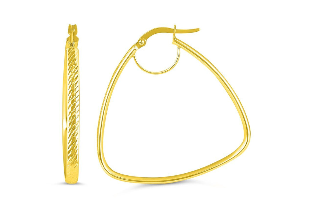 Elegant 10K yellow gold hoop earrings featuring a unique textured design, adding a modern twist to the timeless hoop style.