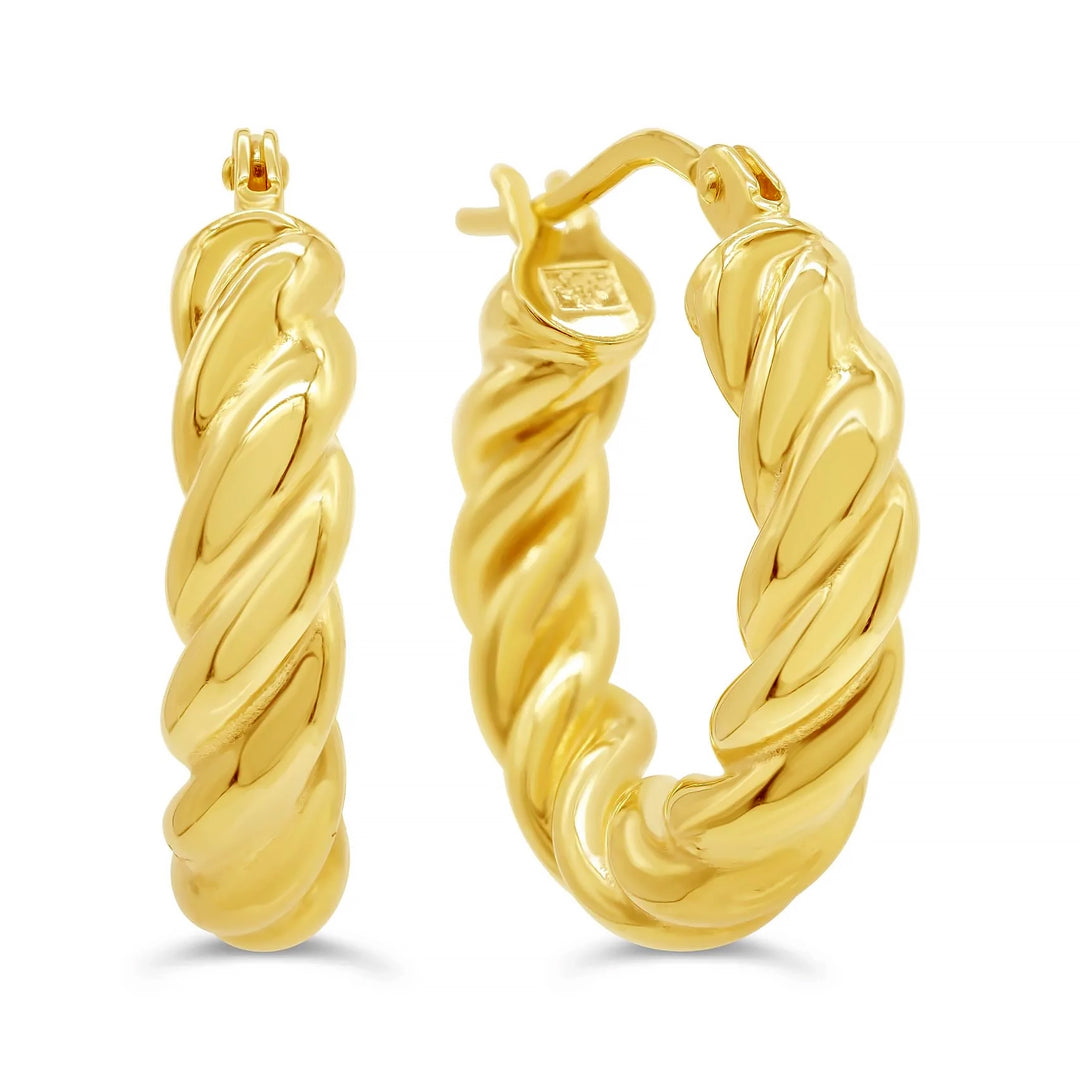 Luxurious 10K yellow gold hoop earrings with a unique twisted design, showcasing elegance and modern craftsmanship.