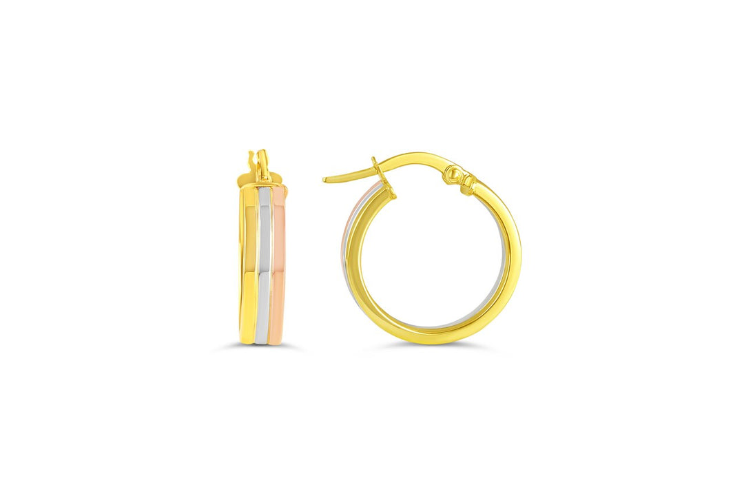 Elegant tri-color 10K gold hoop earrings, featuring bands of yellow, white, and rose gold, designed to add a sophisticated and colorful twist to the classic hoop style.