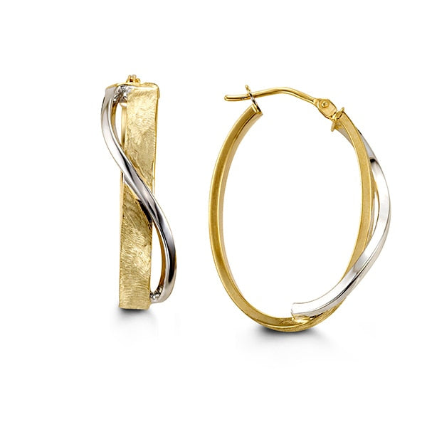 Elegant 10K gold hoop earrings featuring a unique two-tone spiral design in yellow and white gold, creating a stunning visual contrast that enhances any look.