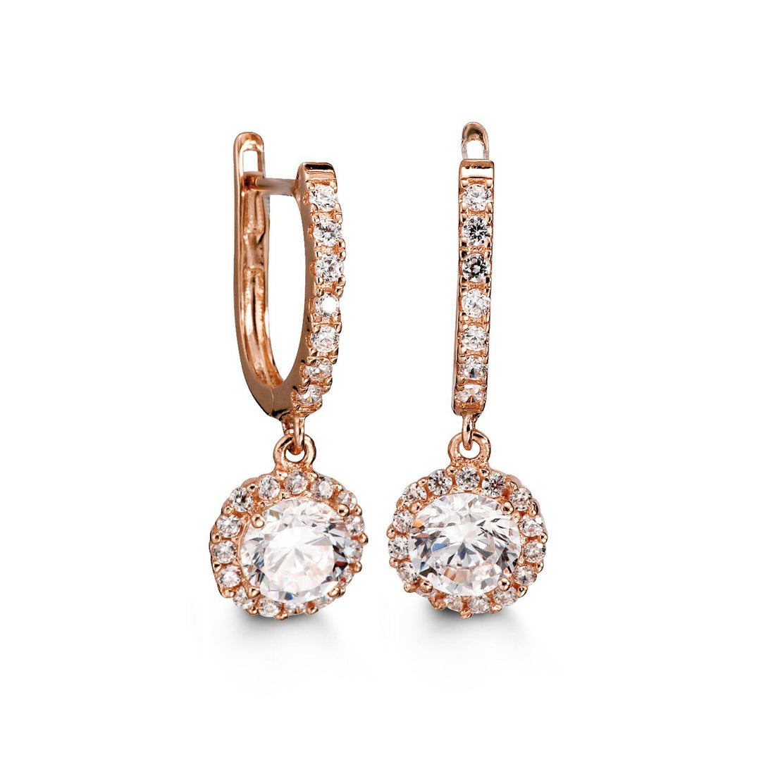 Elegant 10K rose gold huggie earrings with a cubic zirconia drop, set in a sparkling halo, perfect for adding a luxurious touch to any outfit.