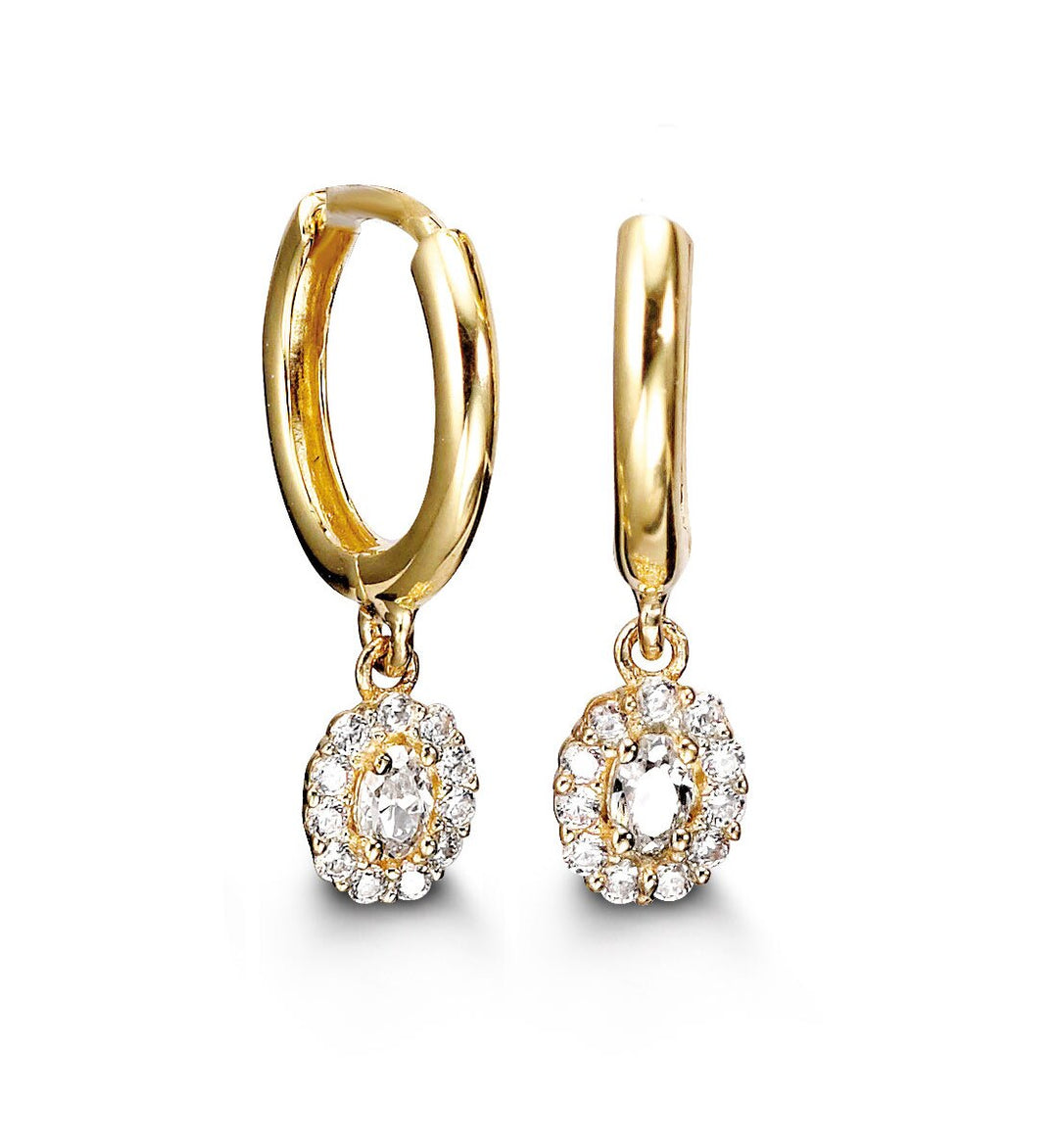 Classic 10K yellow gold huggie earrings featuring an oval cubic zirconia drop surrounded by a halo of sparkling stones, ideal for sophisticated styling.