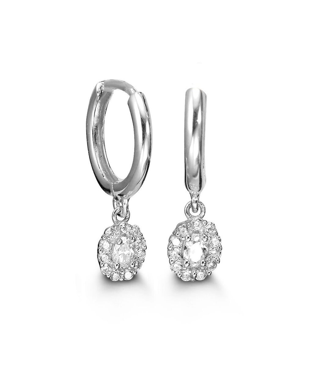 Stylish 10K white gold huggie earrings with a central cubic zirconia drop encased in a shimmering halo, ideal for elegant and sophisticated looks.