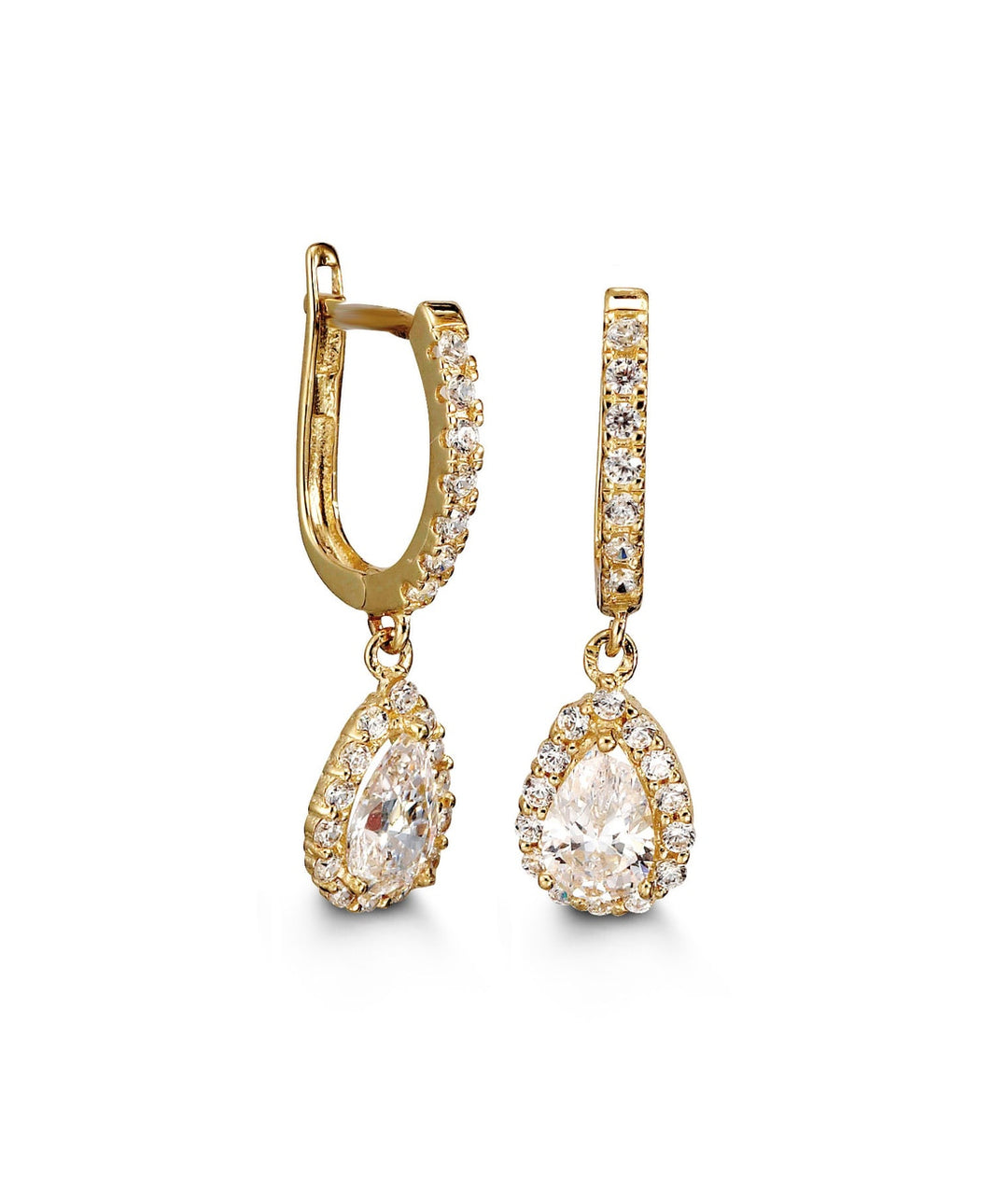 Luxury 10K yellow gold huggie earrings featuring a teardrop-shaped cubic zirconia drop surrounded by a halo of sparkling stones for an elegant finish.