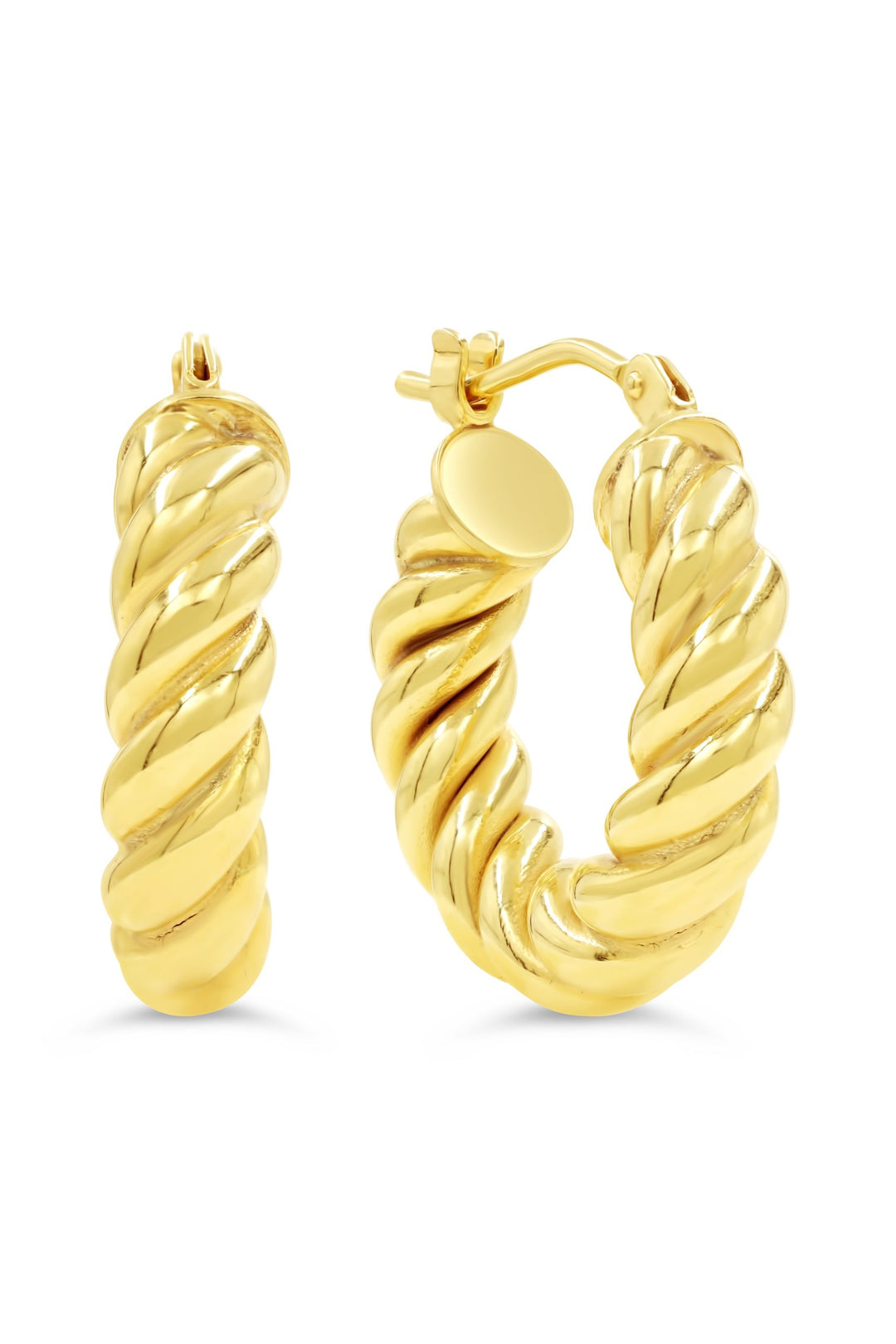 Elegant 10K yellow gold hoop earrings with a unique twisted design, polished to a high shine, adding a luxurious touch to any outfit.
