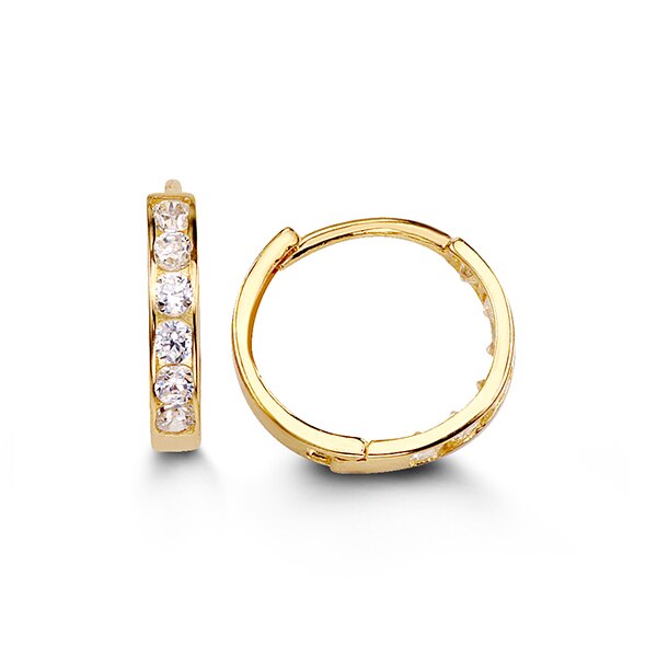 Slim 14K yellow gold huggie earrings inlaid with cubic zirconia stones, offering a sleek and elegant look ideal for any occasion.