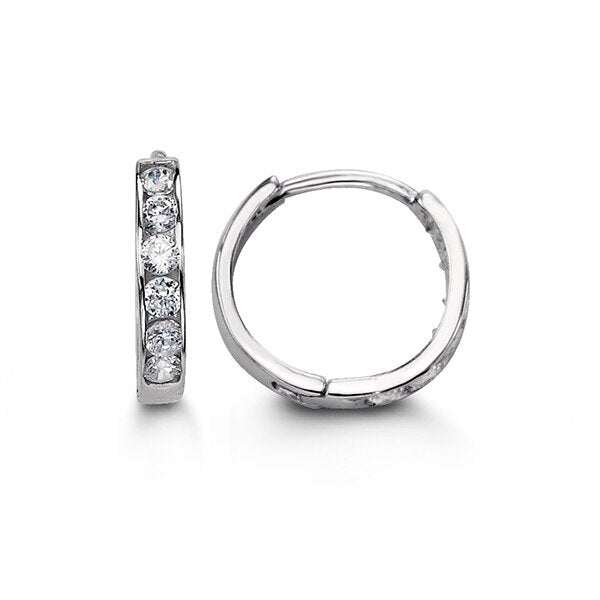 Elegant 14K white gold huggie earrings lined with cubic zirconia, offering a subtle and refined sparkle suitable for everyday wear or special events.