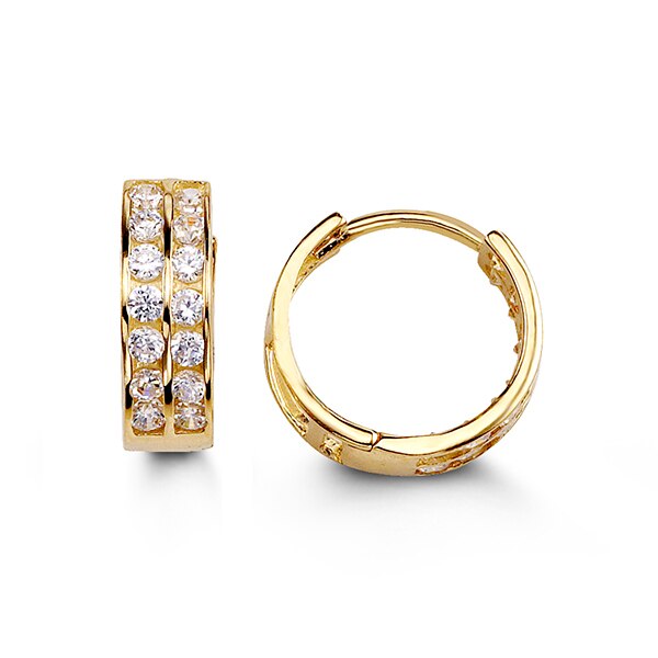 14K yellow gold huggie earrings embellished with two rows of cubic zirconia, offering a luxurious and sparkling appearance for everyday elegance and special occasions.