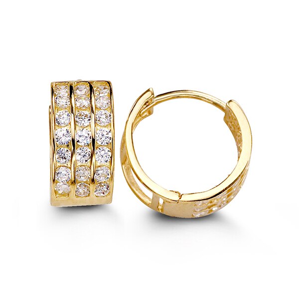 Opulent 10K yellow gold huggie earrings with rows of cubic zirconia, providing an elegant and richly decorated accessory for any high-end occasion.