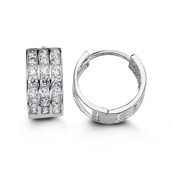 Elegant 10K white gold huggie earrings embedded with multiple rows of cubic zirconia, offering a sophisticated and glittering addition to any jewelry collection.