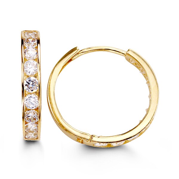 14K yellow gold huggie earrings embellished with brilliant cubic zirconia stones, showcasing elegance and a secure fit, perfect for refined tastes.