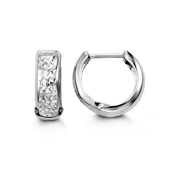 Sophisticated 10K white gold huggie earrings with a unique textured design, offering a luxurious and stylish addition to any jewelry collection.