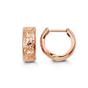 Sophisticated 10K Rose gold huggie earrings with a unique textured design, offering a luxurious and stylish addition to any jewelry collection.
