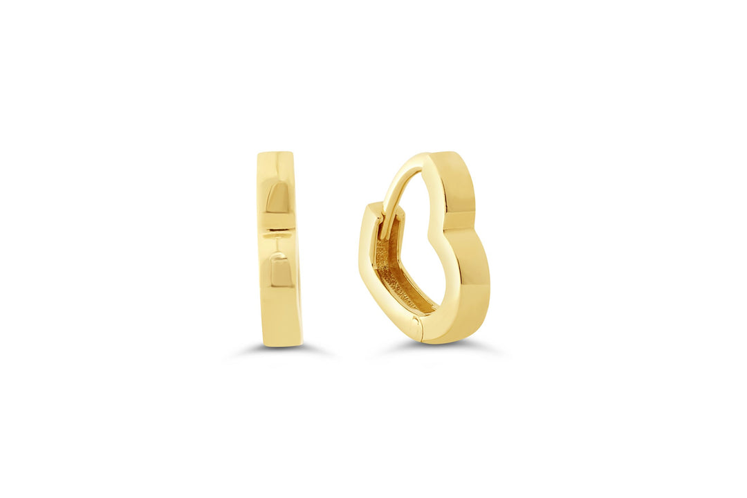 Close-up of sleek 10K yellow gold huggie earrings, showcasing their polished finish and secure clasping mechanism.