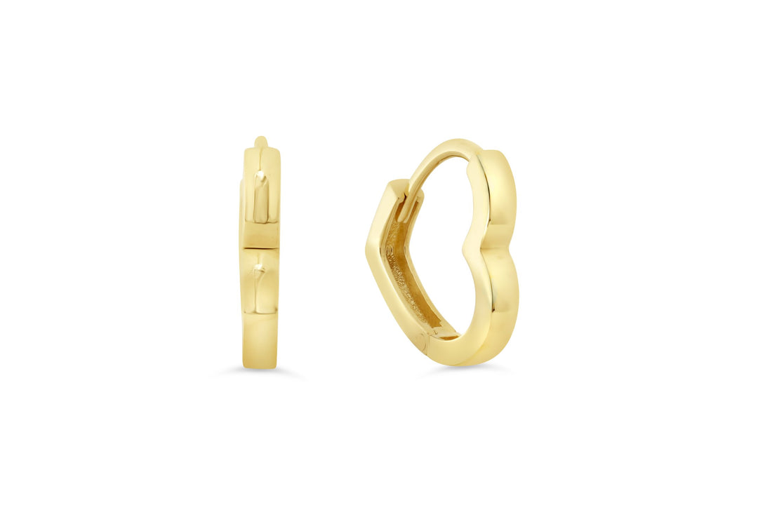 Close-up of sleek 10K yellow gold huggie earrings, showcasing their polished finish and secure clasping mechanism.