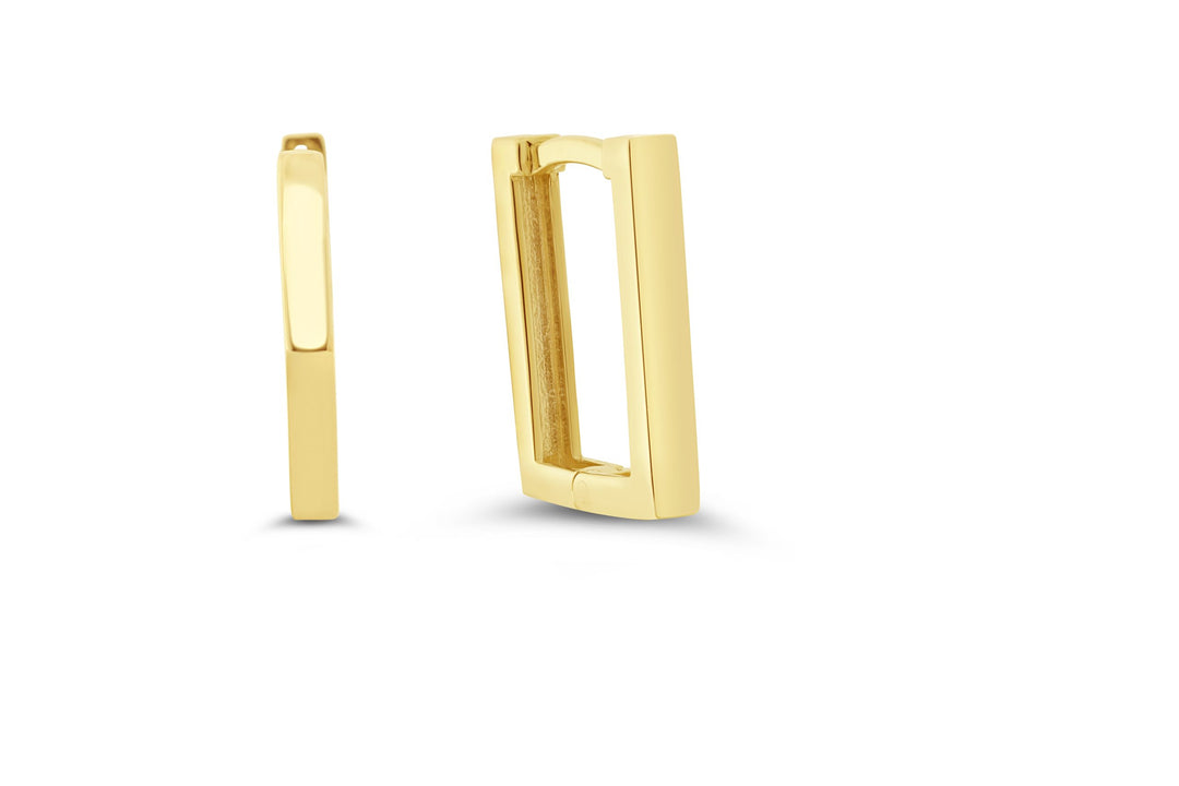 10K yellow gold rectangular huggie earrings with a polished finish, displaying a modern geometric design and secure clasp.