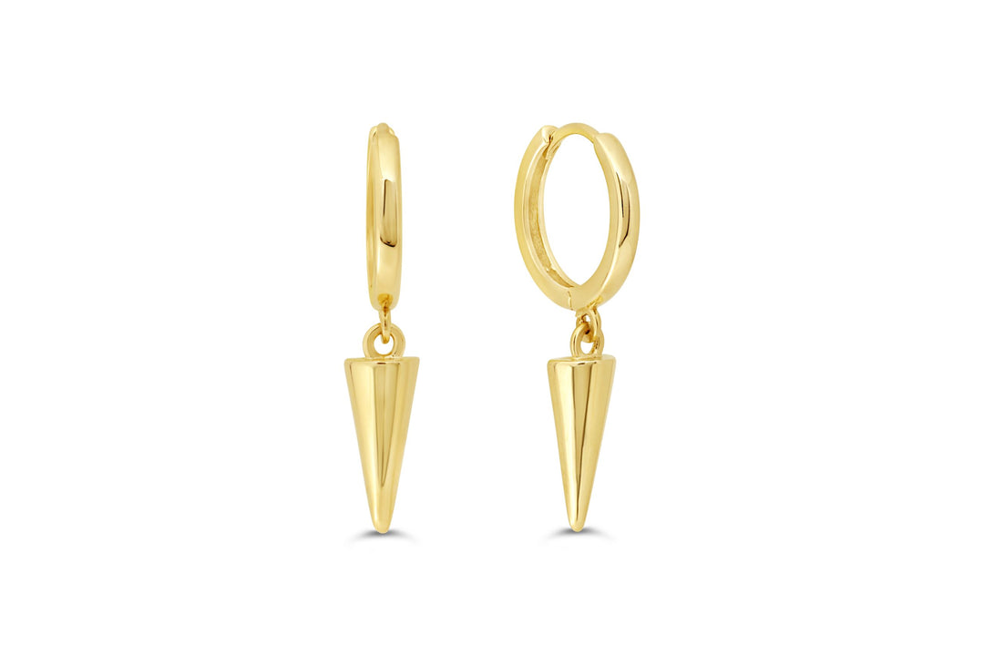 Elegant 10K yellow gold huggie earrings featuring a dangling spike charm, combining classic sophistication with a modern edge.
