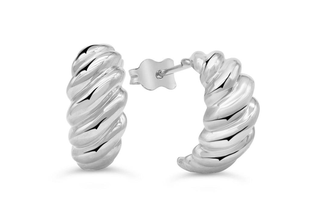 Elegant spiral twist hoop earrings in 10K white gold, showcasing a sleek and modern design perfect for adding a sophisticated touch to any jewelry collection.
