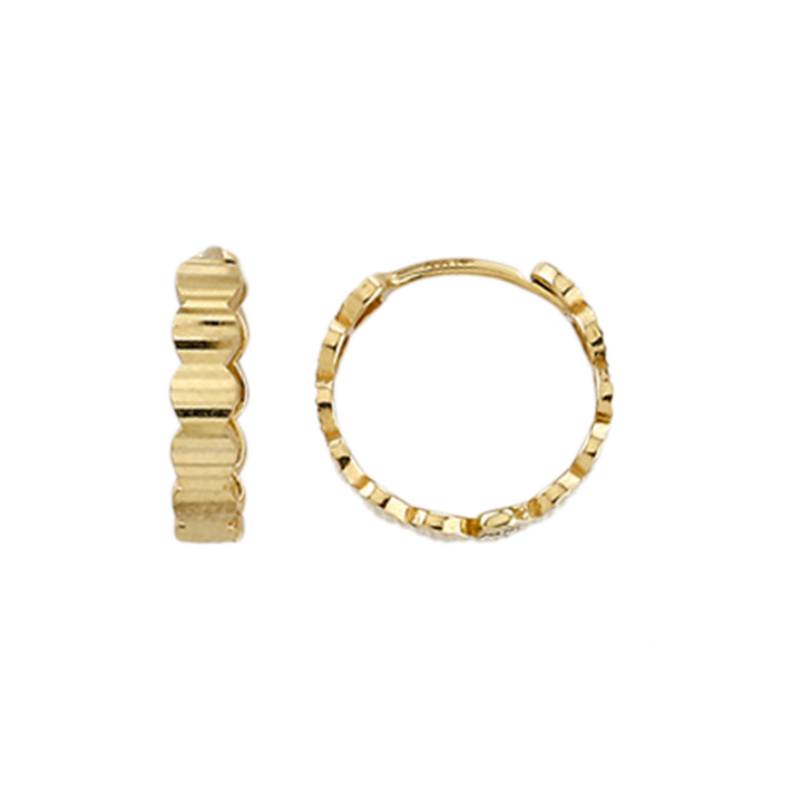 Elegant 10K yellow gold hoop earrings with a unique textured design, featuring polished ridges for a sophisticated look, from RUDIX JEWELLERY.