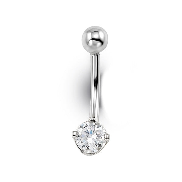 14K white gold belly ring with a cubic zirconia stone, elegant design.