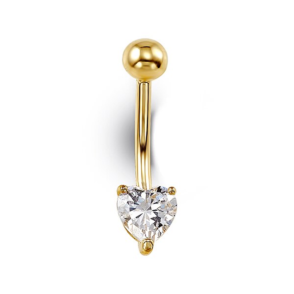 14K yellow gold belly ring with a heart-shaped cubic zirconia stone, romantic design.