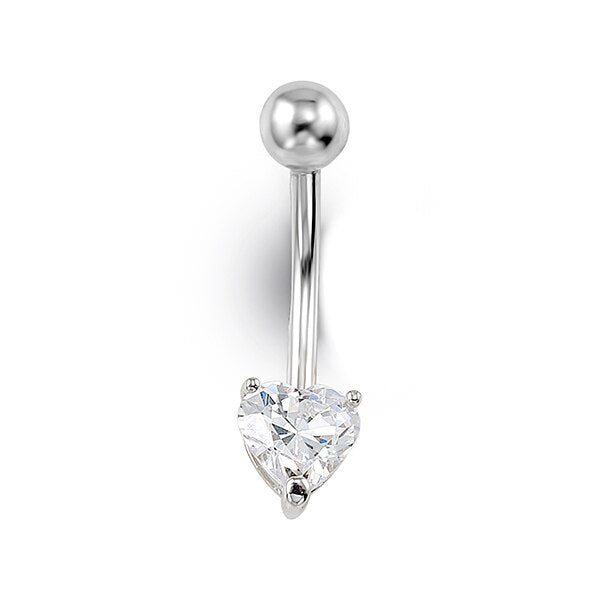14K white gold belly ring with a heart-shaped cubic zirconia stone, romantic design.
