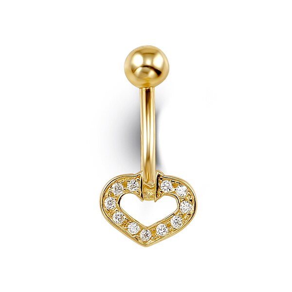 14K yellow gold belly ring with heart charm and cubic zirconia accents, elegant and romantic design.