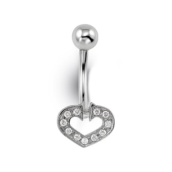 14K white gold belly ring with heart charm and cubic zirconia accents, elegant and romantic design.