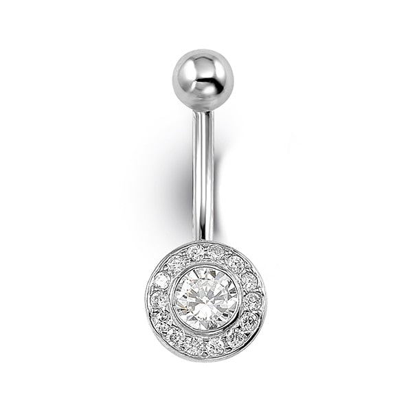 14K white gold belly ring with round cubic zirconia halo, elegant and sparkling design.