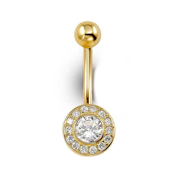 14K yellow gold belly ring with round cubic zirconia halo, elegant and sparkling design.