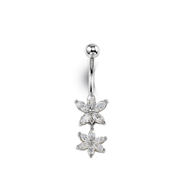 14K white gold belly ring with double flower cubic zirconia design, elegant and floral.
