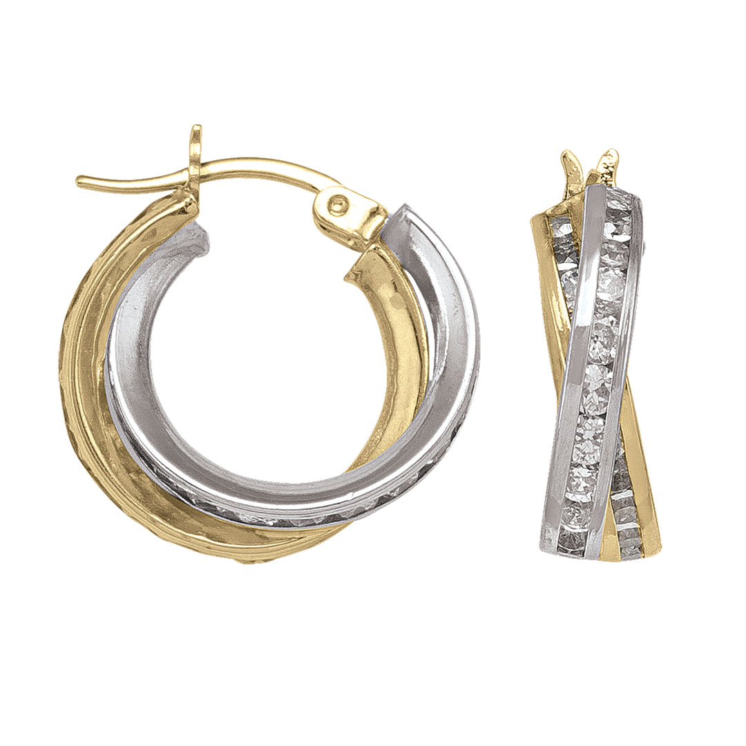 TWO TONE FANCY CZ HOOP EARRING