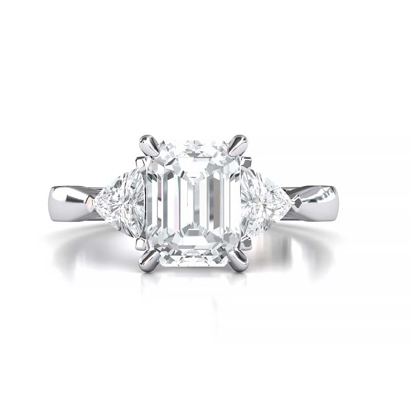 Exquisite 8x6mm Emerald-Cut Moissanite Three-Stone Ring with Tapered Band and Trapezoid Side Stones
