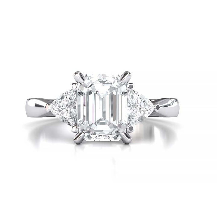Exquisite 8x6mm Emerald-Cut Moissanite Three-Stone Ring with Tapered Band and Trapezoid Side Stones