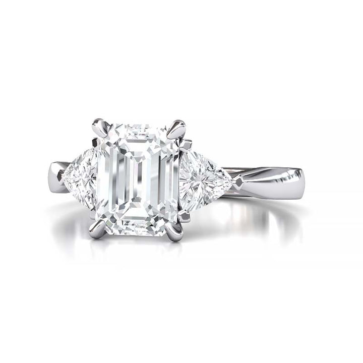 Exquisite 8x6mm Emerald-Cut Moissanite Three-Stone Ring with Tapered Band and Trapezoid Side Stones
