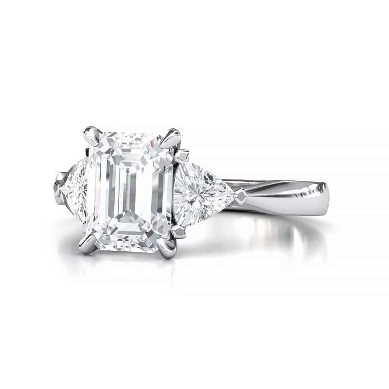 Exquisite 8x6mm Emerald-Cut Moissanite Three-Stone Ring with Tapered Band and Trapezoid Side Stones