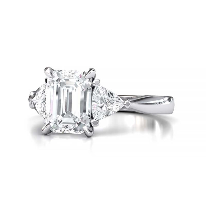 Exquisite 8x6mm Emerald-Cut Moissanite Three-Stone Ring with Tapered Band and Trapezoid Side Stones