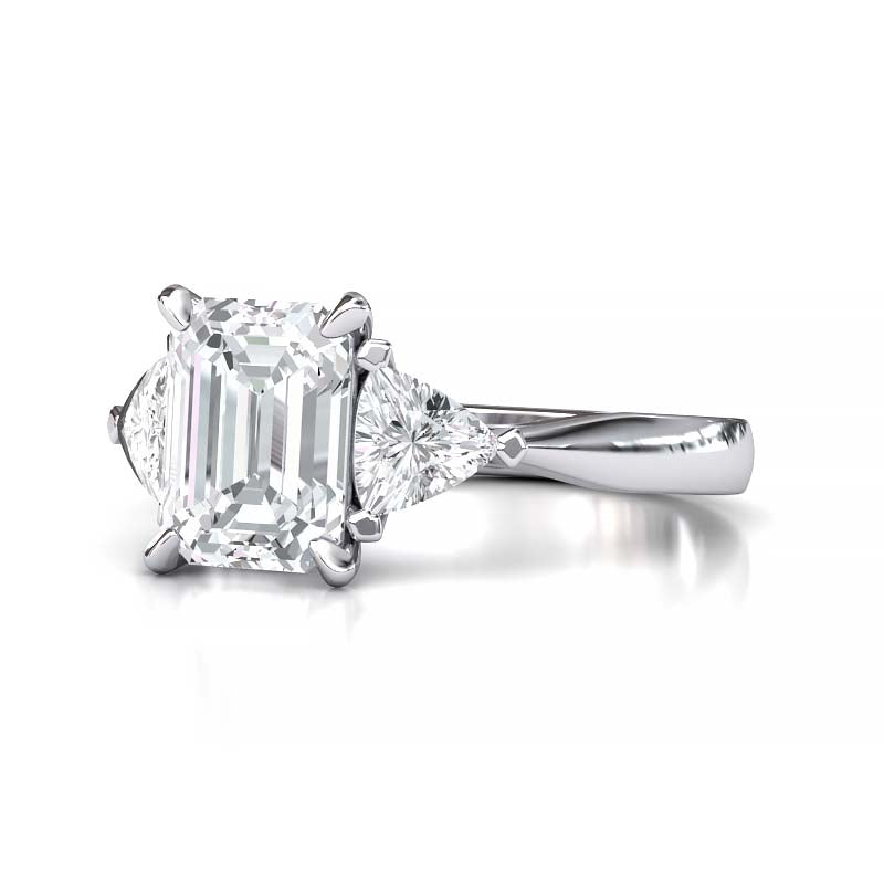 Exquisite 8x6mm Emerald-Cut Moissanite Three-Stone Ring with Tapered Band and Trapezoid Side Stones
