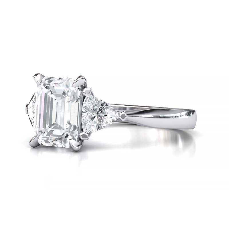 Exquisite 8x6mm Emerald-Cut Moissanite Three-Stone Ring with Tapered Band and Trapezoid Side Stones