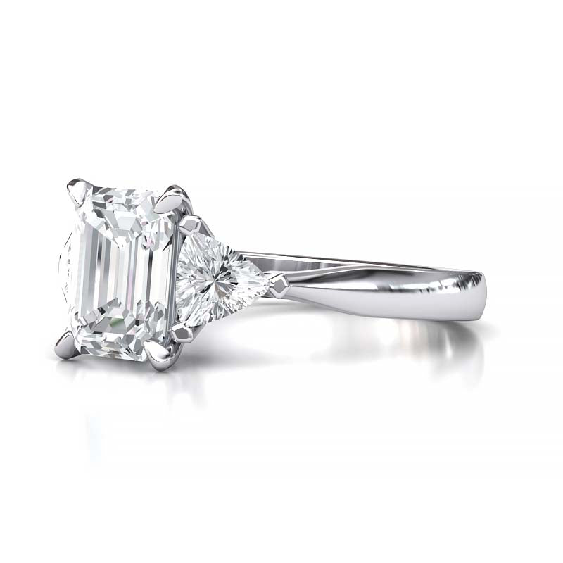 Exquisite 8x6mm Emerald-Cut Moissanite Three-Stone Ring with Tapered Band and Trapezoid Side Stones