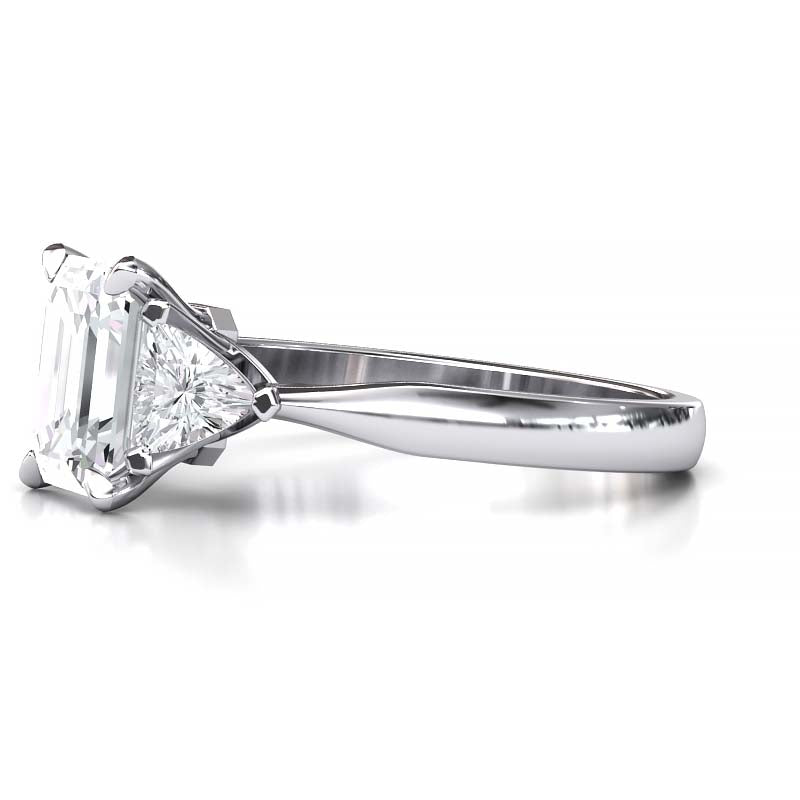 Exquisite 8x6mm Emerald-Cut Moissanite Three-Stone Ring with Tapered Band and Trapezoid Side Stones